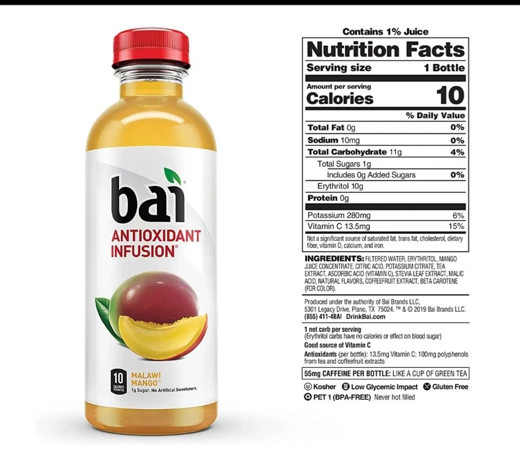Bai Malawi Mango, Antioxidant Infused Drinks, 18 Fluid Ounce Bottles
